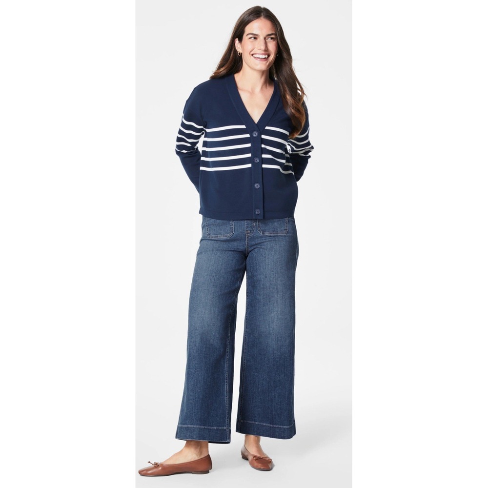NWT SPANX AirEssentials Navy White Striped Button Down Cardigan Size Small